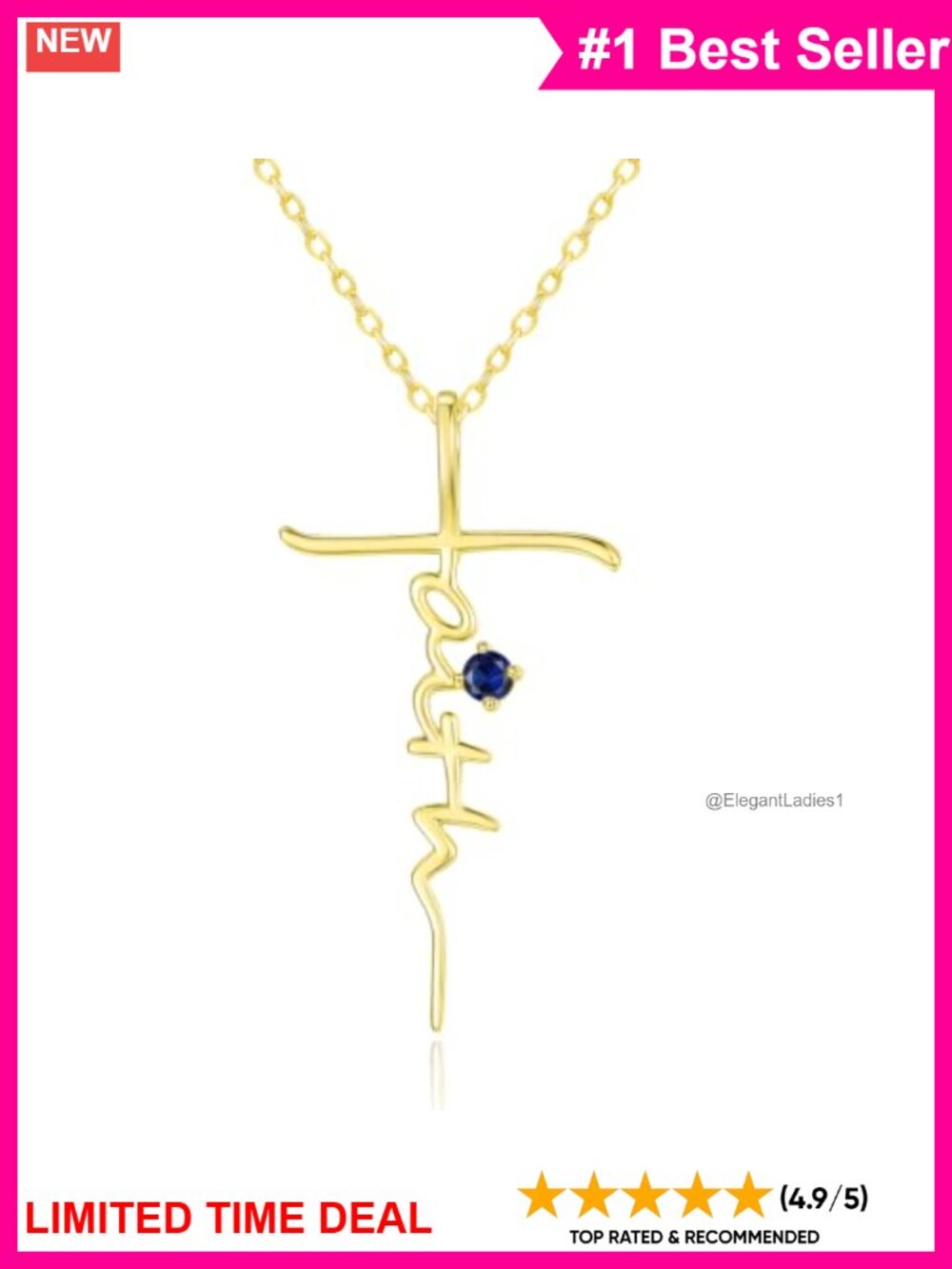 14K Gold Plated Faith Cross Pendant Necklace Sapphire Christian